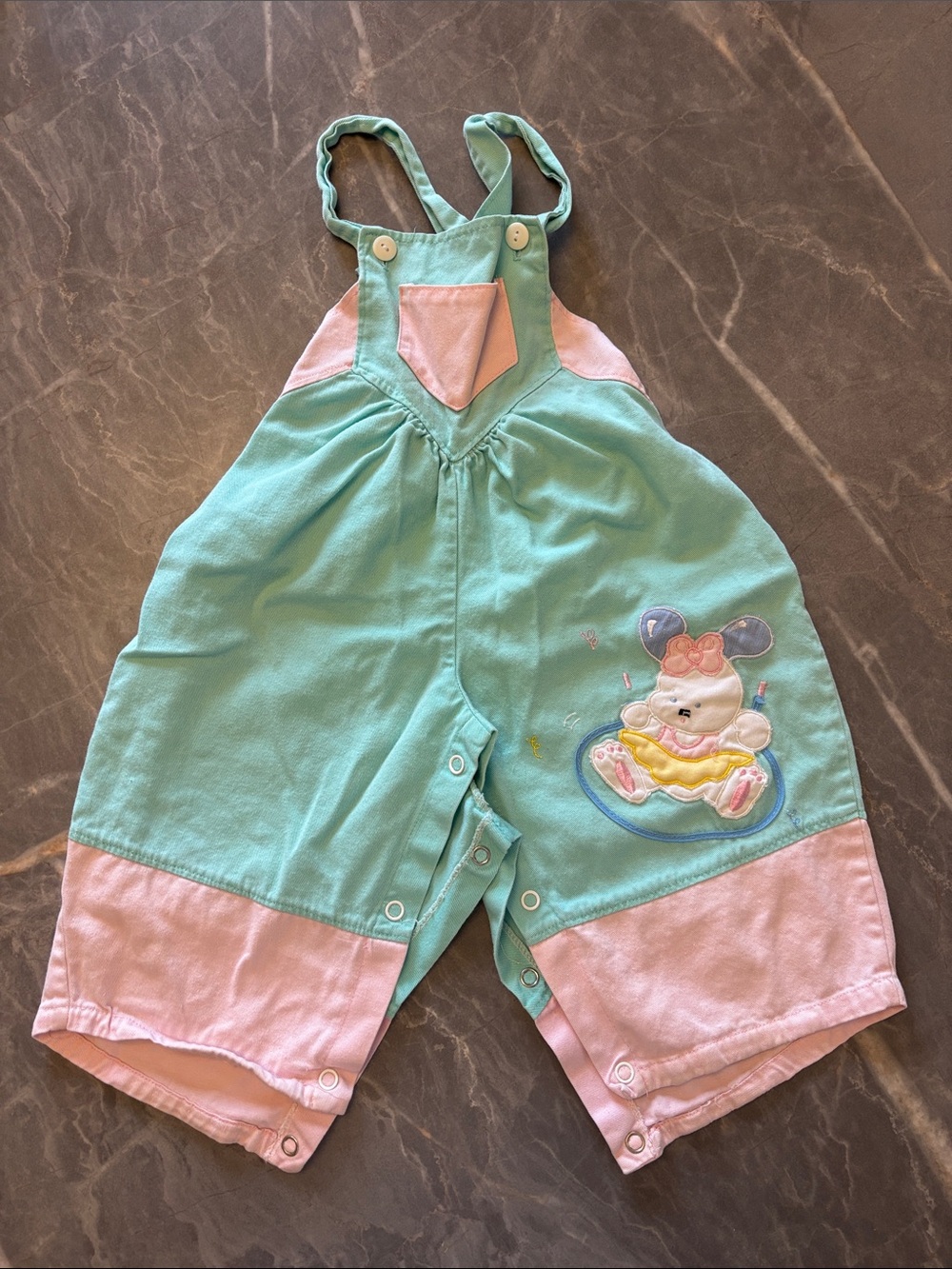 Girls Mint & Pink Character Applique Overalls